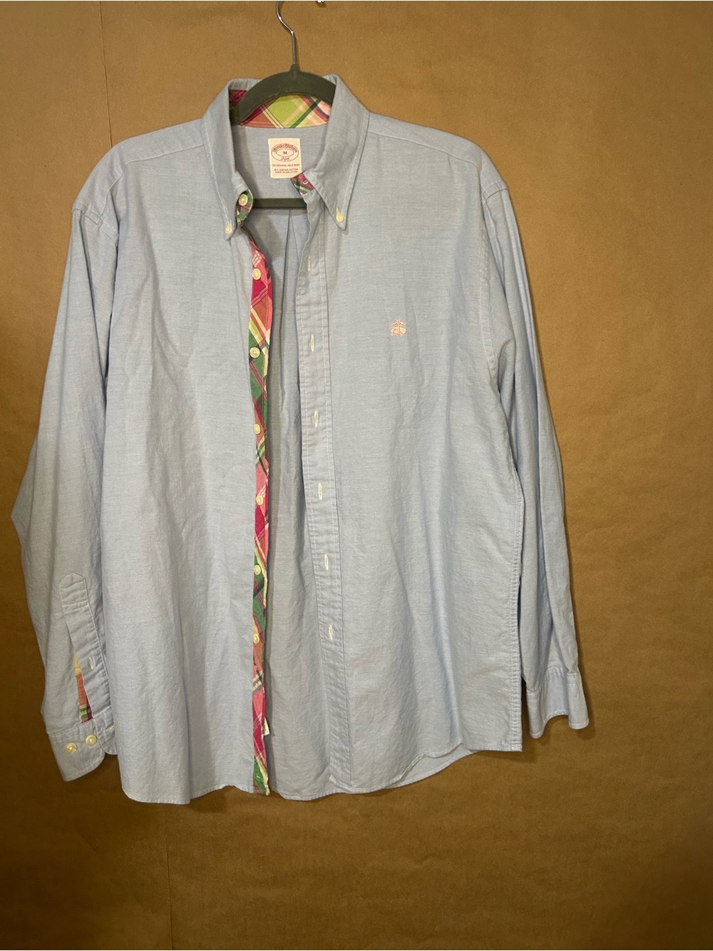 Brooks Brothers 346 Blue Supima Cotton Oxford Shirt Plaid Trim M